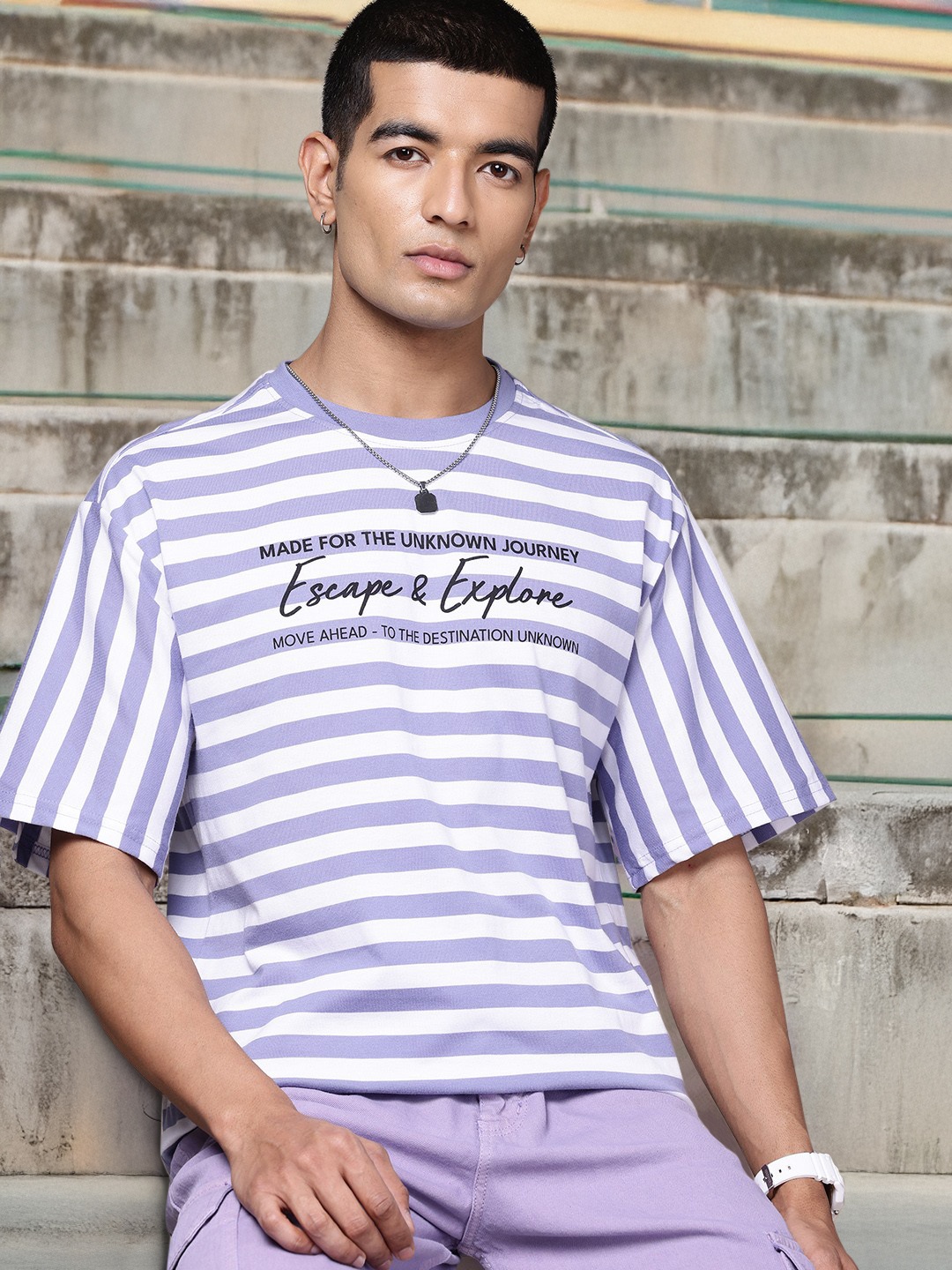 The Roadster Lifestyle Co. Typography & Striped Print Drop-Shoulder Sleeves T-shirt, White
