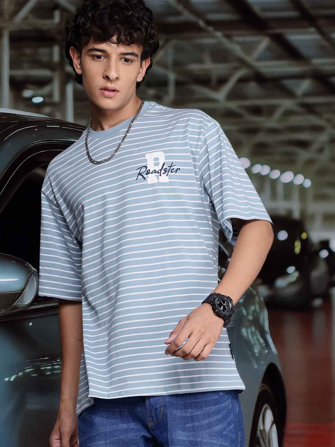 

The Roadster Lifestyle Co. Striped Drop-Shoulder Sleeves Relaxed Fit T-shirt, Blue