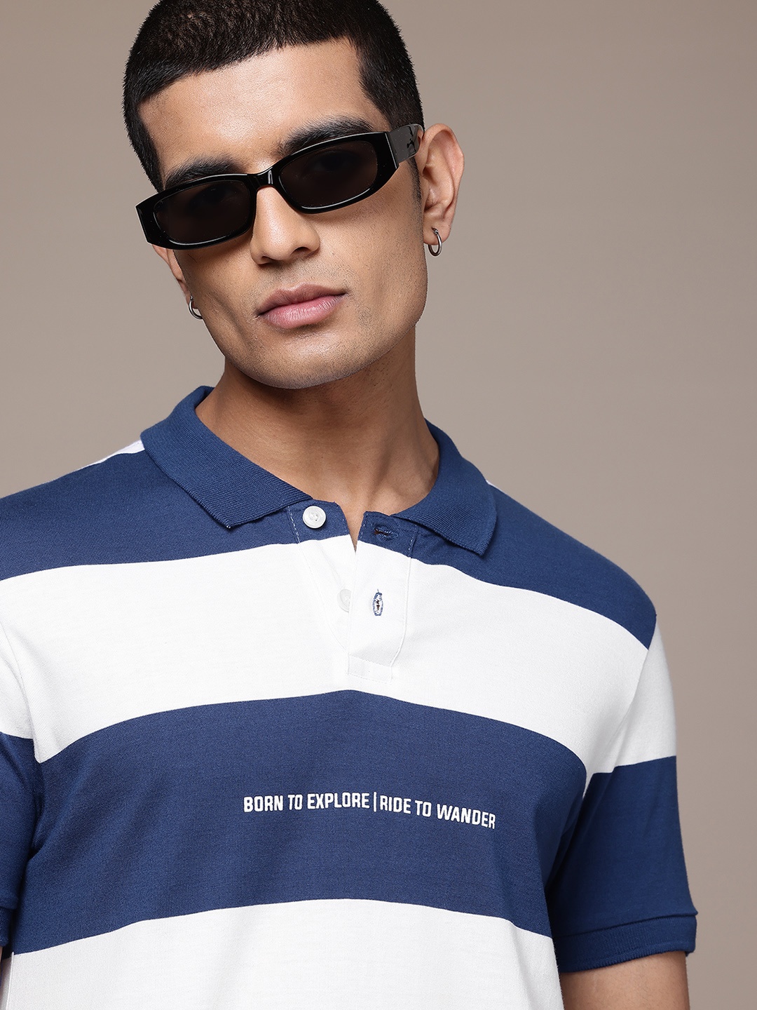 

The Roadster Lifestyle Co. Men Striped Polo Collar T-shirt, Blue