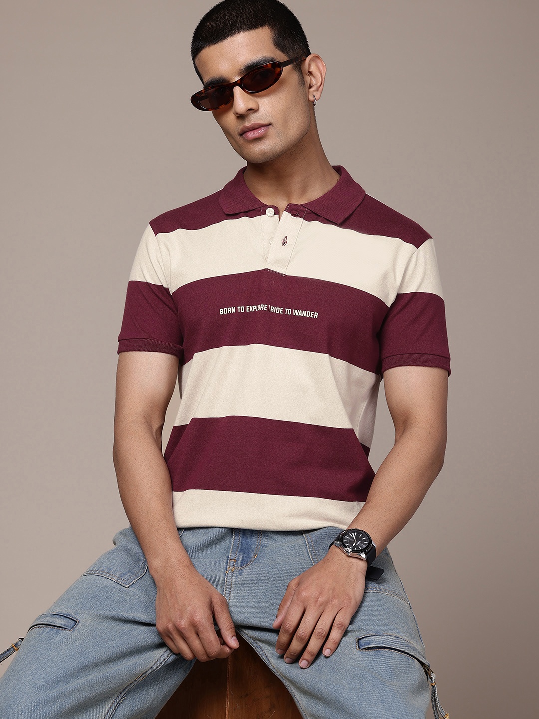 

The Roadster Lifestyle Co. Men Striped Polo Collar T-shirt, Maroon