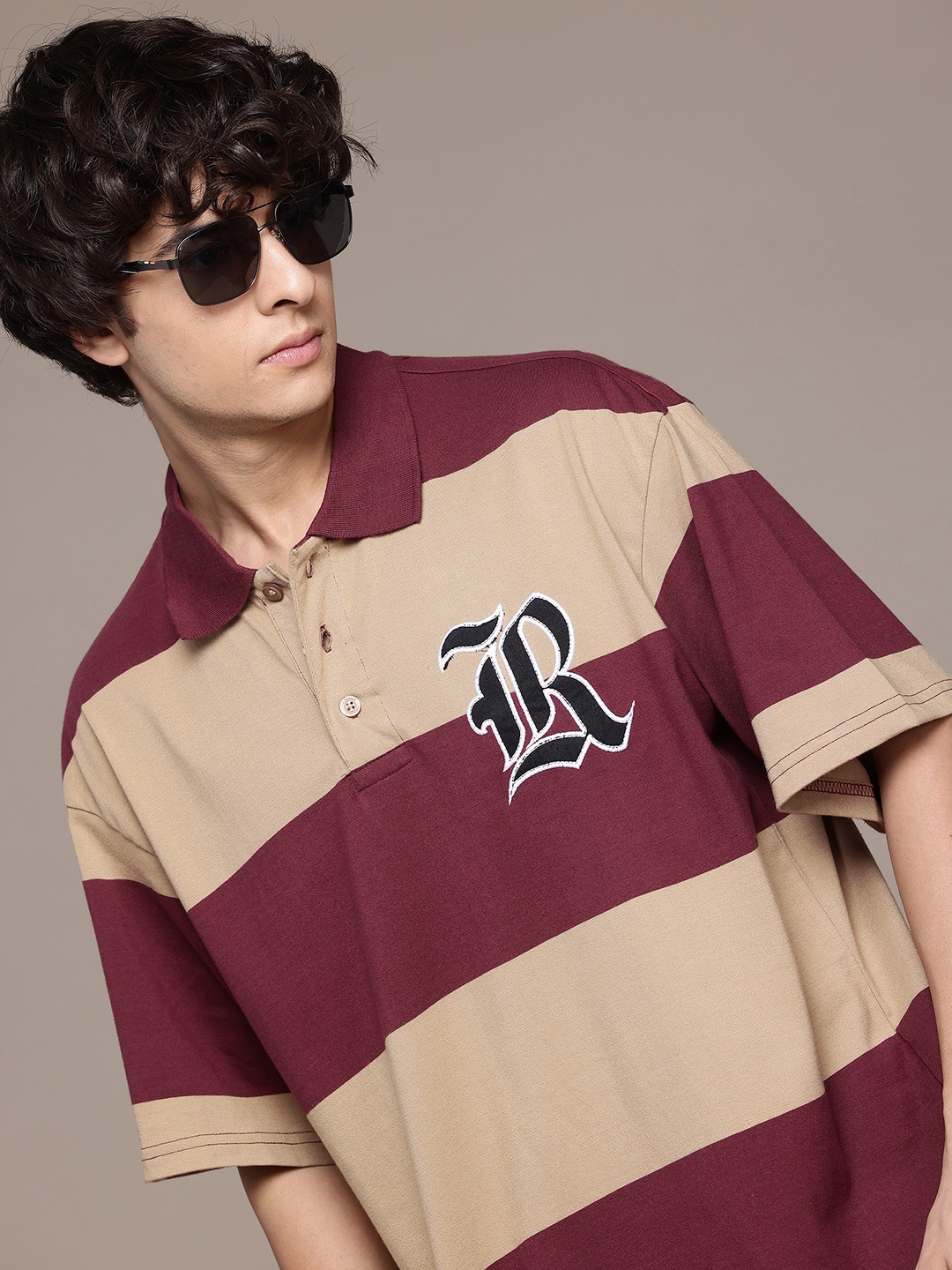 

The Roadster Lifestyle Co. Striped Polo Collar Oversized T-shirt, Maroon
