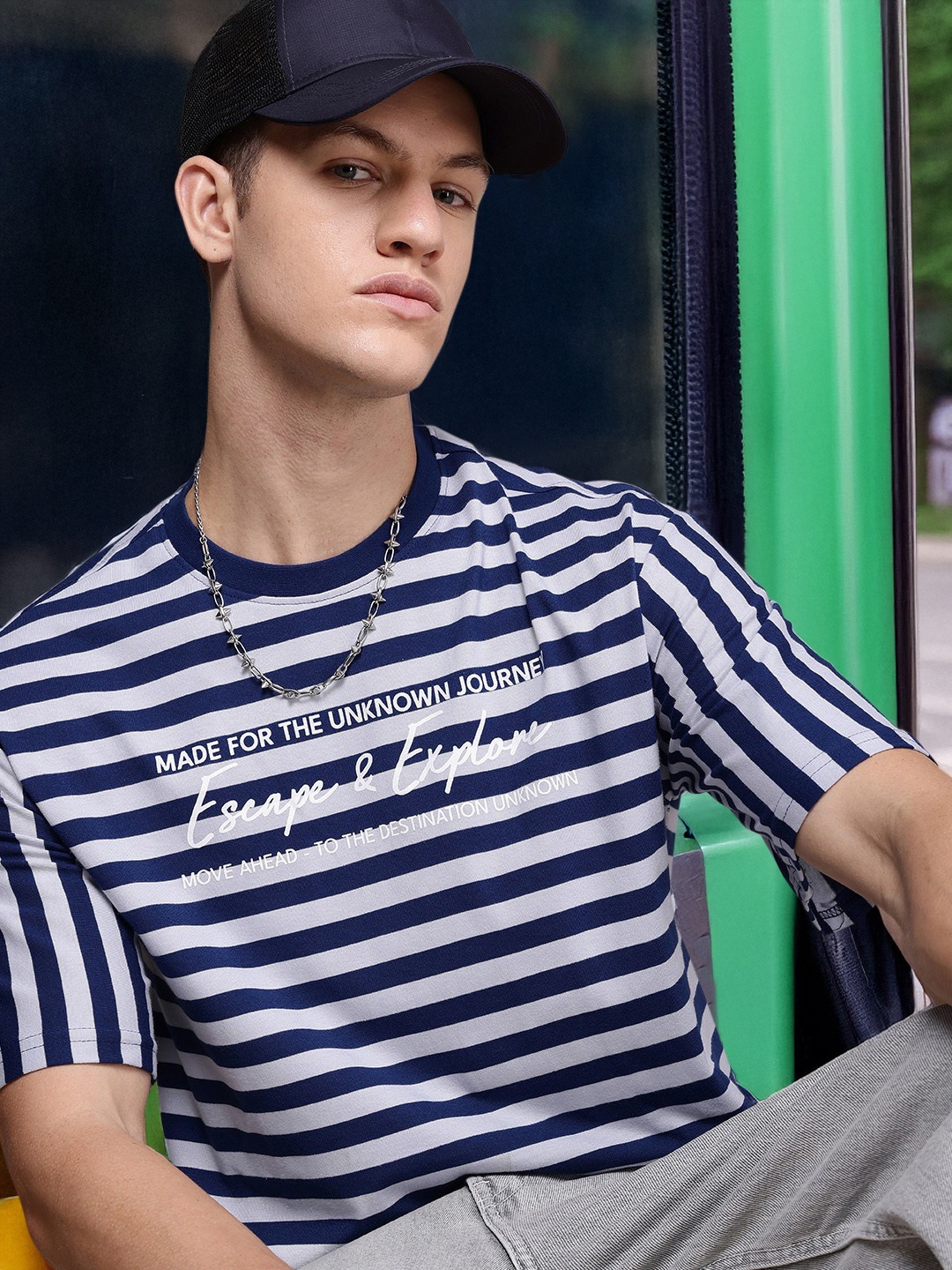 

The Roadster Life CO. Striped Typography Printed Casual T-shirt, Navy blue