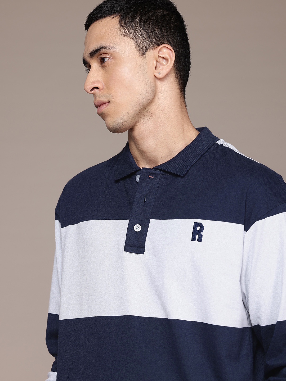 

The Roadster Lifestyle Co. Striped Polo Collar Relaxed T-shirt, Navy blue