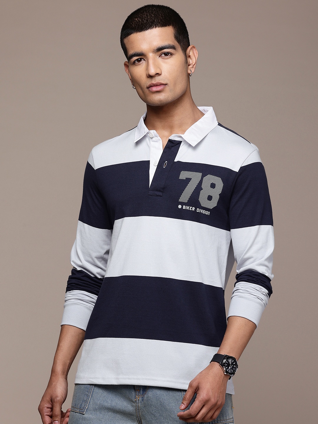 

The Roadster Lifestyle Co. Men Striped Polo Collar T-shirt, Navy blue