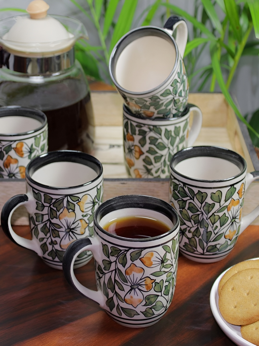 

Unravel India White & Green 6 Pcs Printed Ceramic Matte Mugs-160 ml