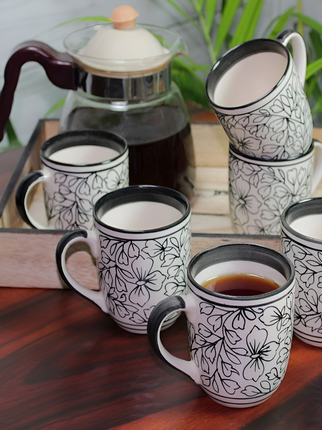 

Unravel India White & Black 6 Pieces Printed Ceramic Matte Mugs