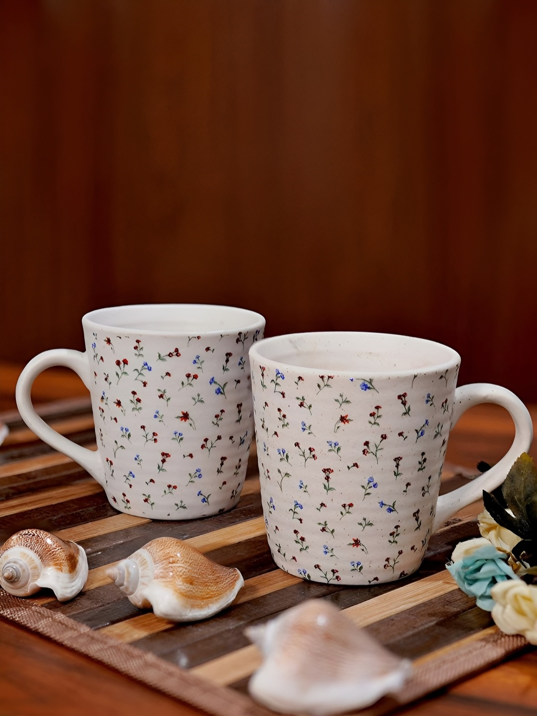 

Unravel India White & Blue 2 Pieces Floral Printed Ceramic Matte Mugs