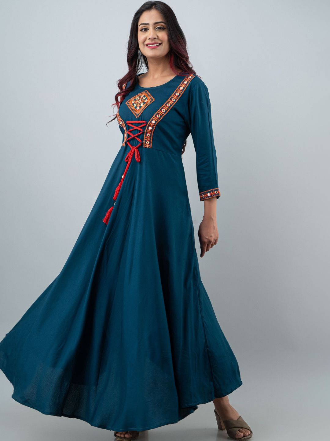 

ftDiva Ethnic Motifs Embroidered Mirror Work A-Line Ethnic Dress, Teal