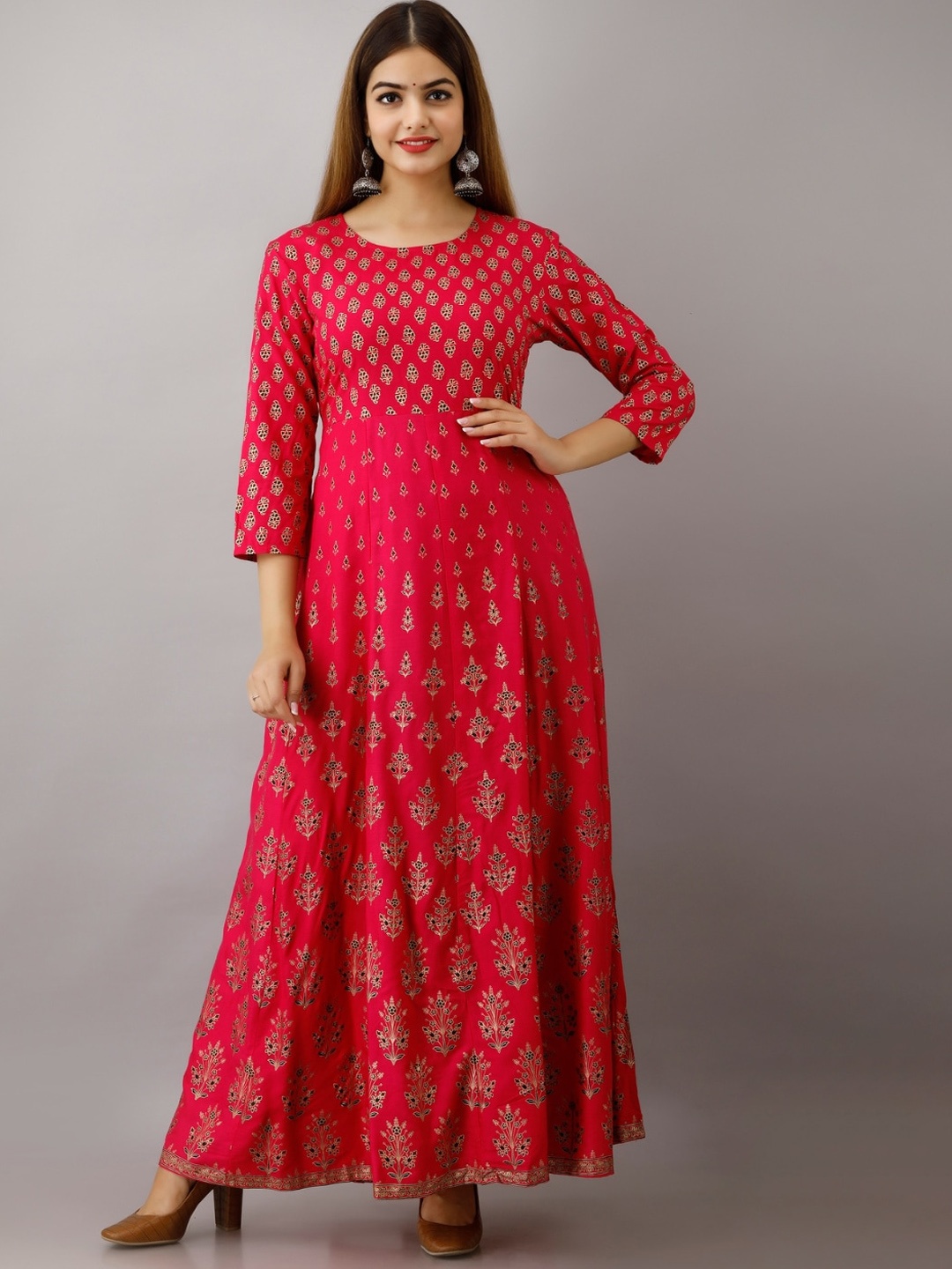 

ftDiva Floral Printed Round Neck Maxi Ethnic Dress, Fuchsia
