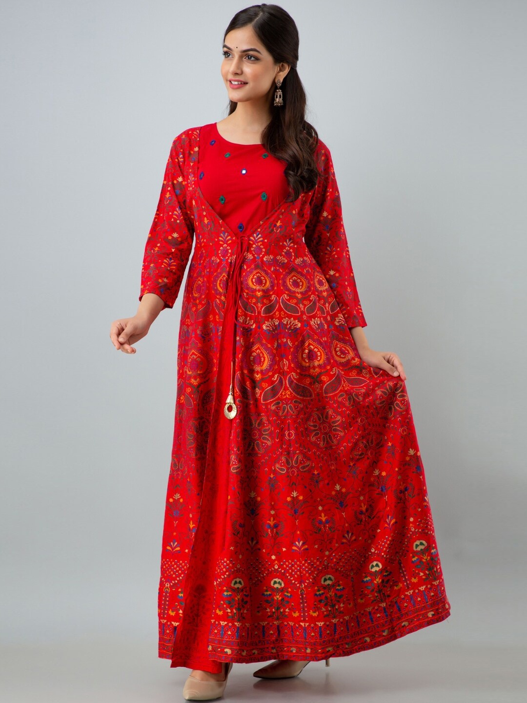 

ftDiva Ethnic Motifs Printed Gathered Fit and Flare Maxi Ethnic Dress, Red