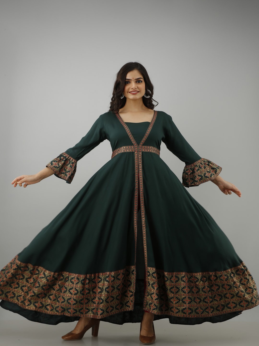 

ftDiva Printed Flared Ethnic Dresses, Green