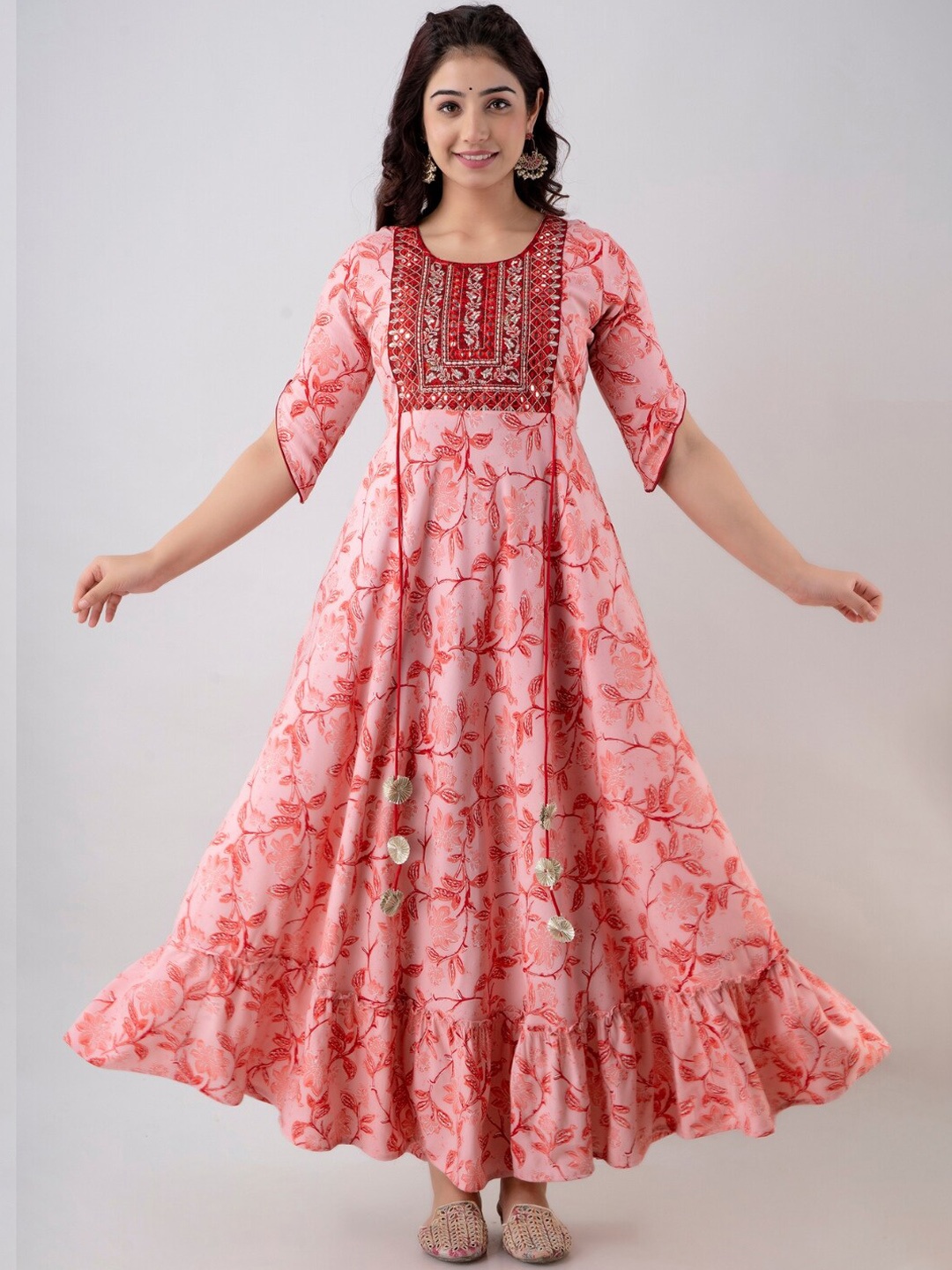 

ftDiva Floral Printed Embroidered Round Neck Maxi Ethnic Dress, Pink