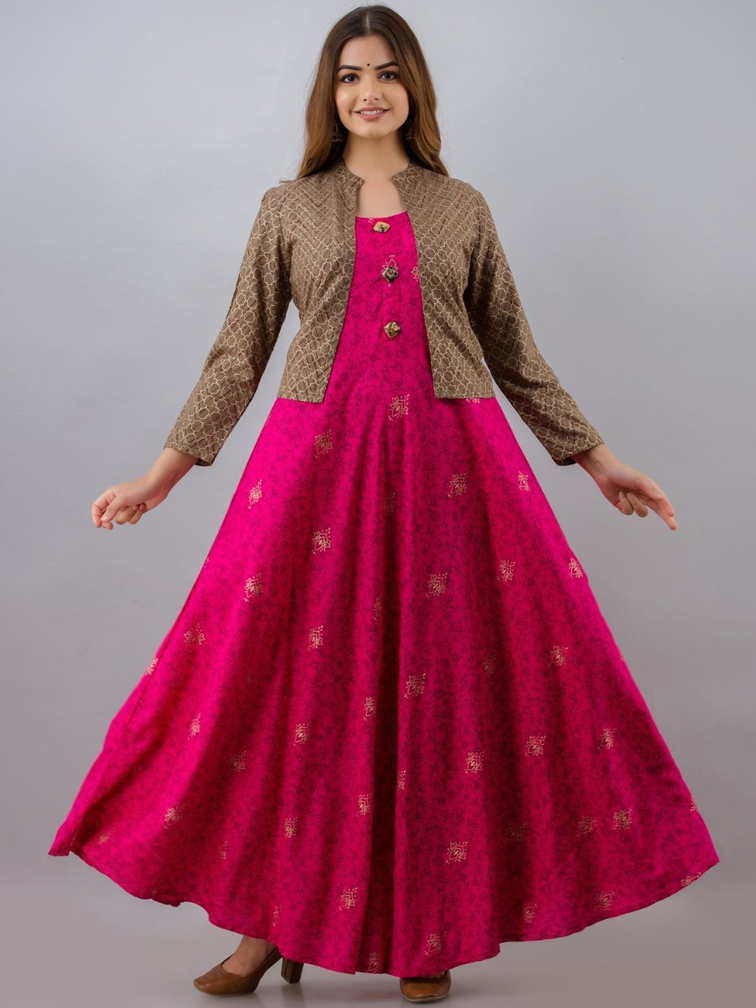 

ftDiva Floral Printed Flared Maxi Ethnic Dress With Jacket, Pink