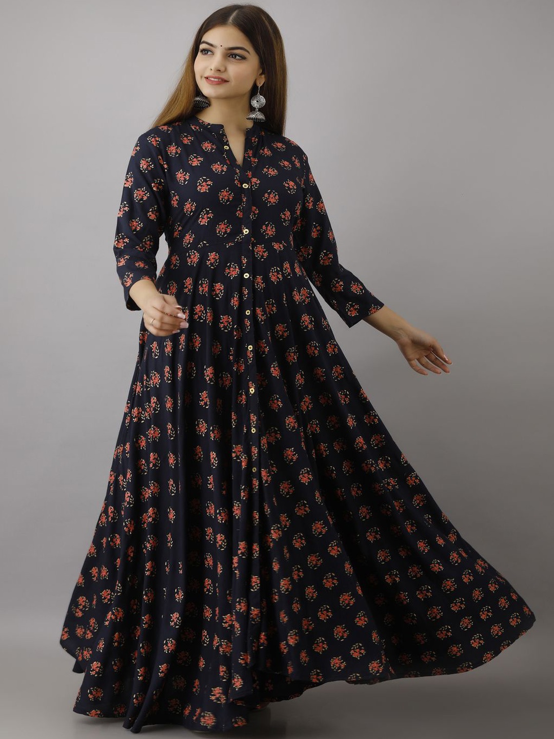 

ftDiva Women Floral Printed Maxi Ethnic Dresses, Black