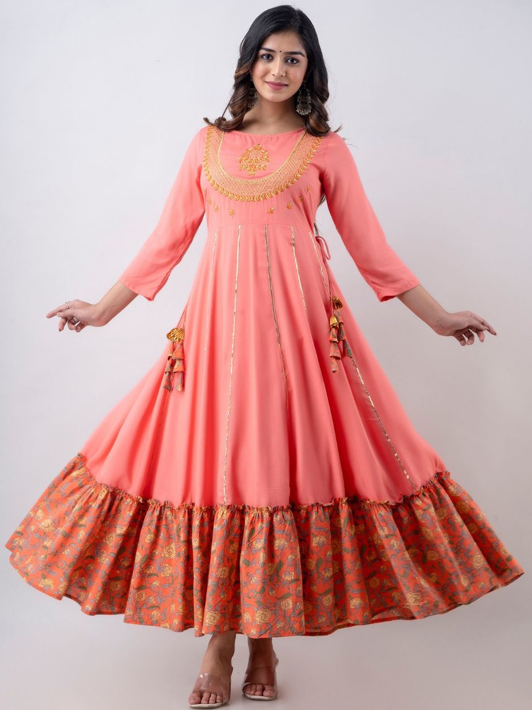 

ftDiva Floral Embroidered Gathered Maxi Ethnic Dress, Peach