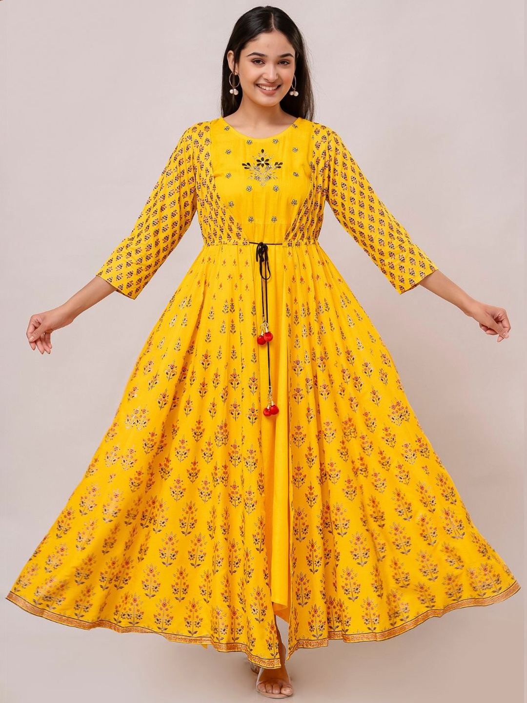 

ftDiva Floral Embroidered Gathered Maxi Ethnic Dress, Mustard