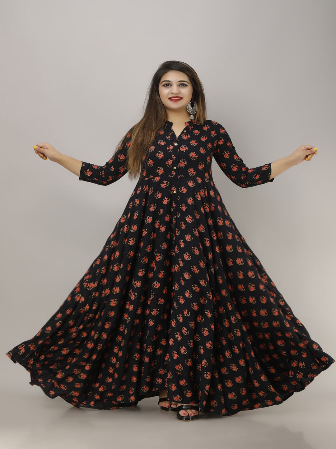 

ftDiva Floral Printed Maxi Ethnic Dress, Black