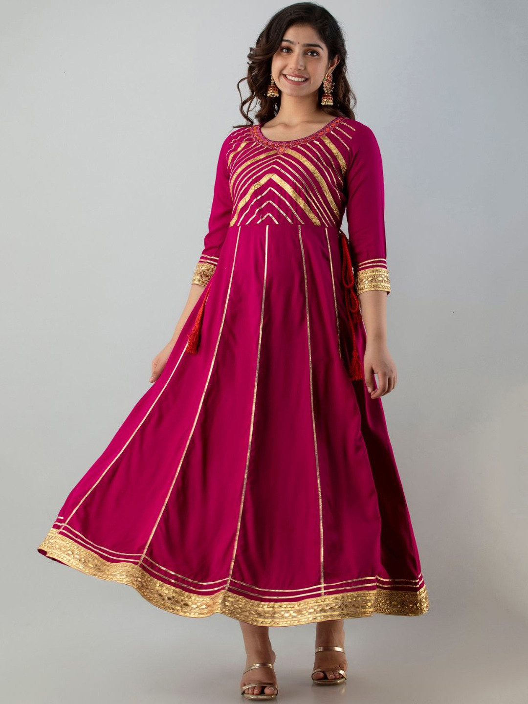 

ftDiva Striped Round Neck Gathered Maxi Ethnic Dress, Pink