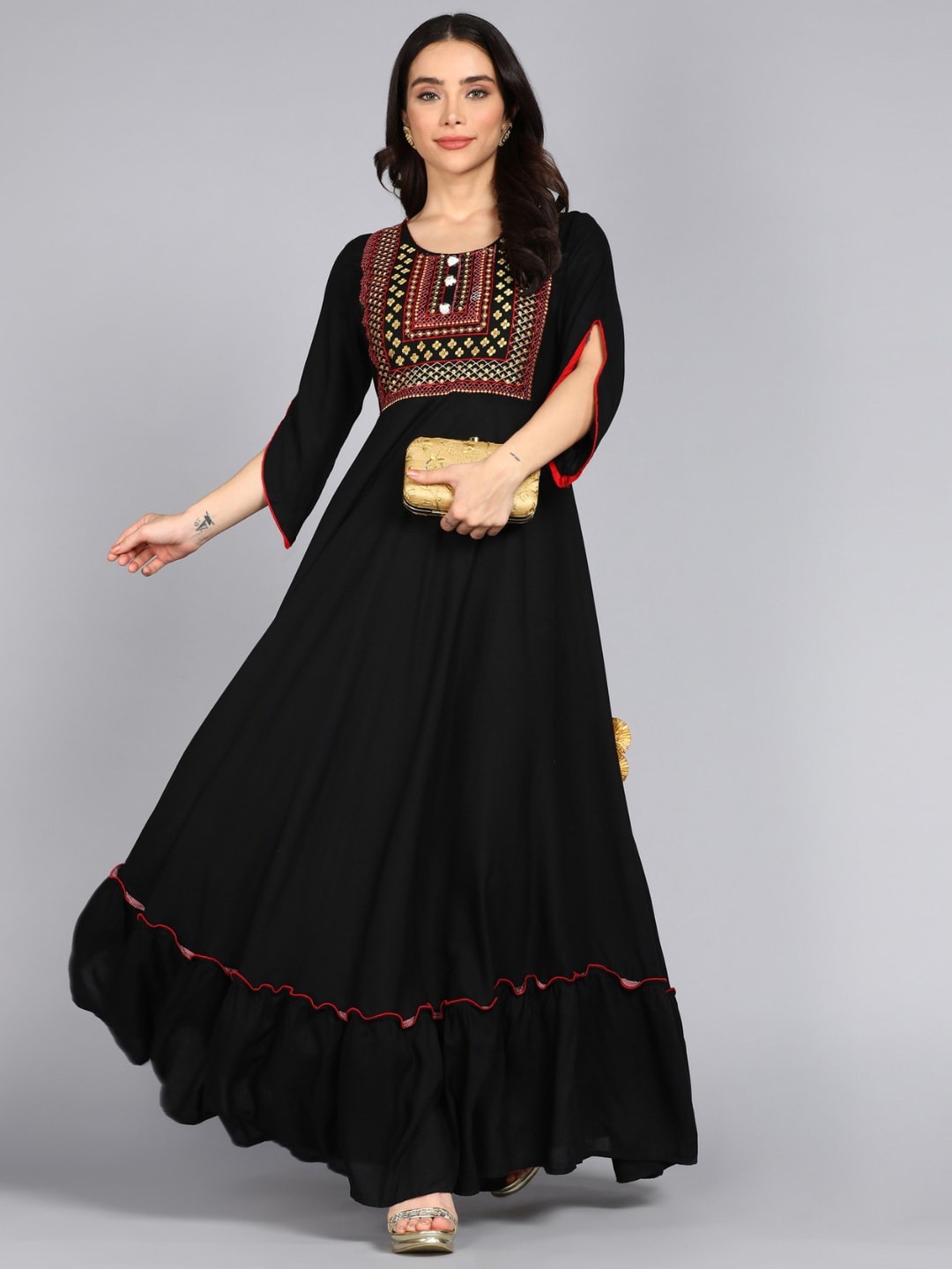 

ftDiva Ethnic Motifs Embroidered Gathered Maxi Ethnic Dress, Black