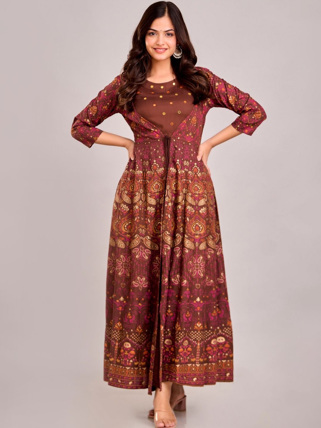 

ftDiva Floral Printed Gathered Maxi Ethnic Dress, Brown