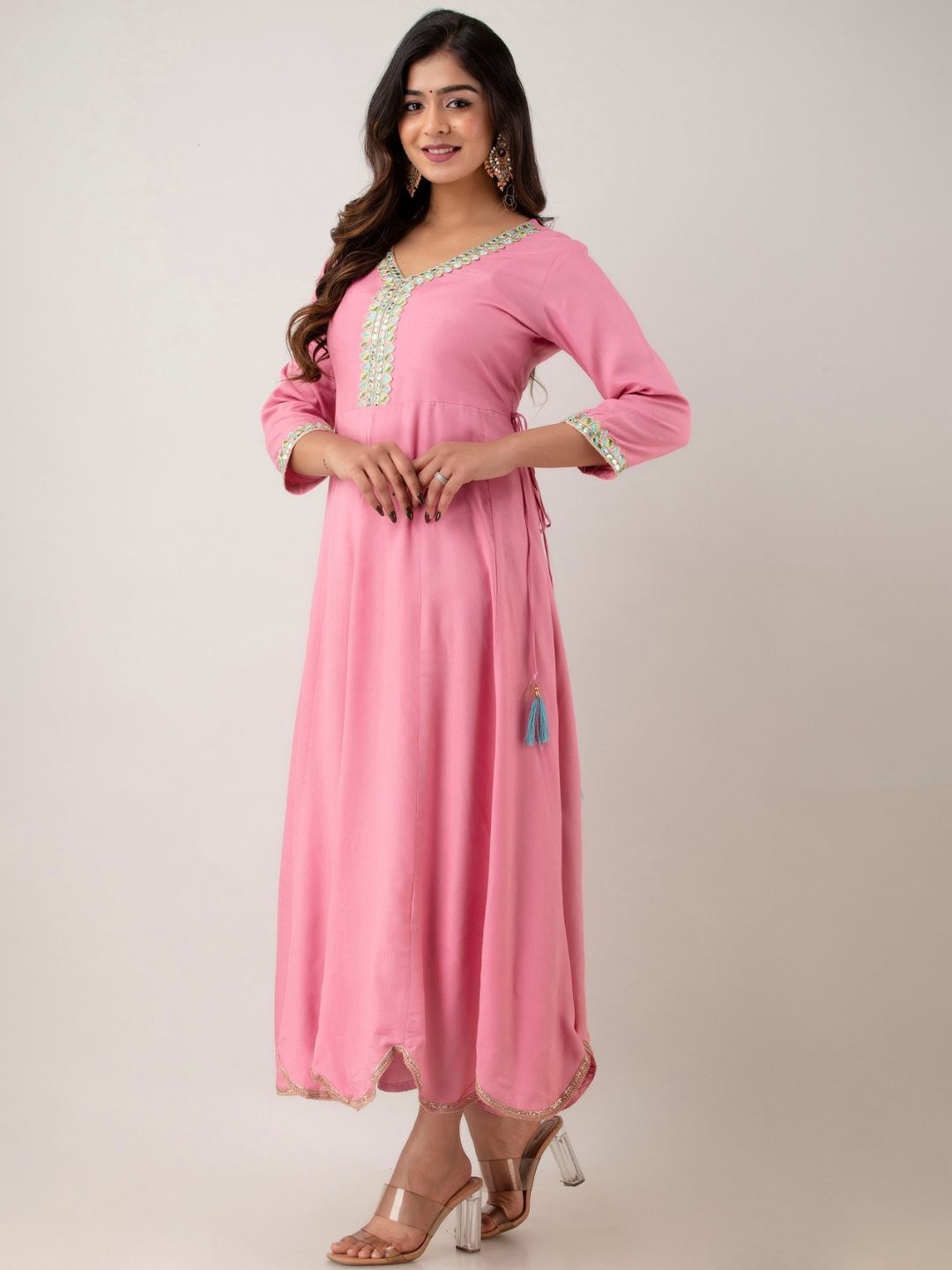 

ftDiva V-Neck Mirror Work Gathered Maxi Ethnic Dress, Pink