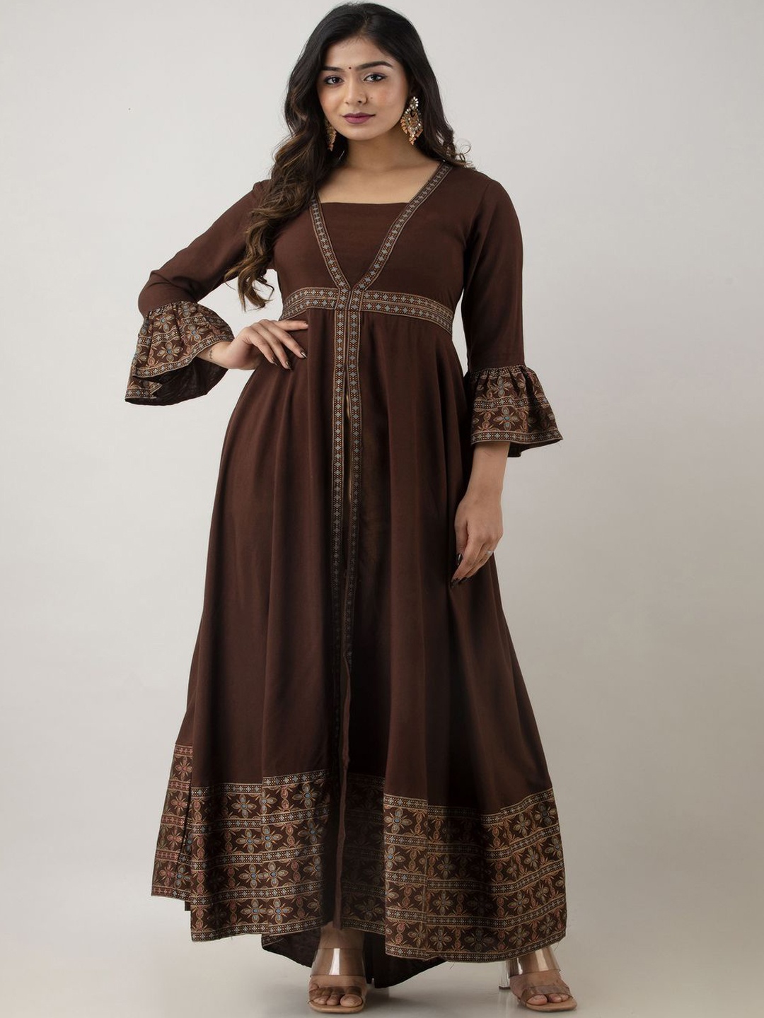 

ftDiva Geometric Printed Square Neck Flared A-Line Kurta, Coffee brown