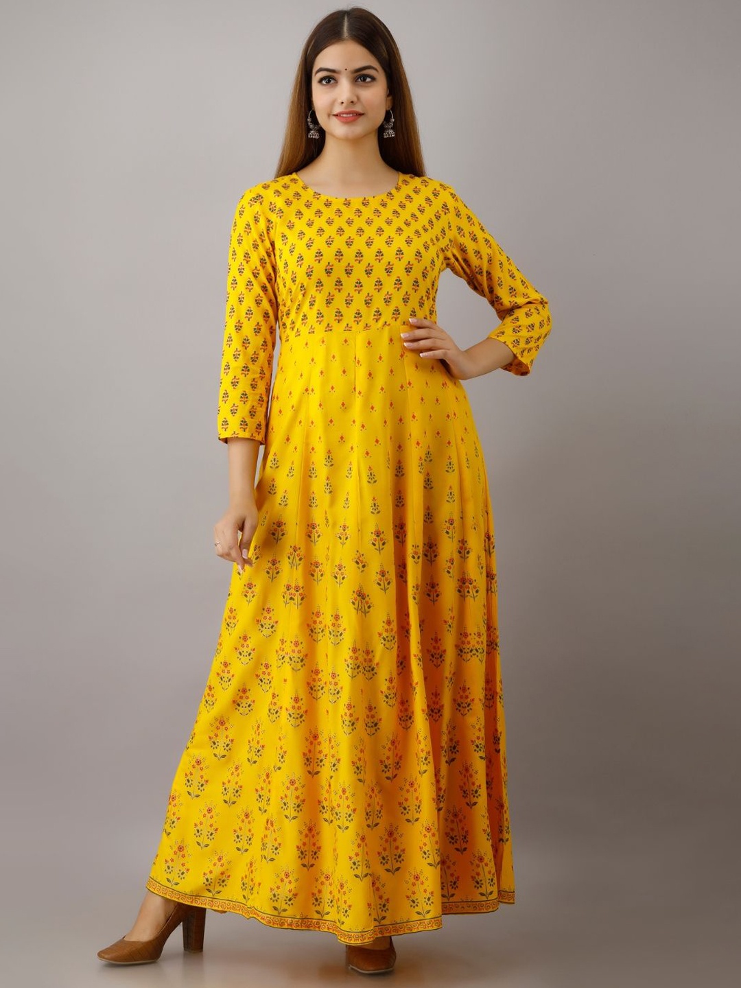 

ftDiva Floral Printed Fit & Flare Maxi Ethnic Dress, Yellow