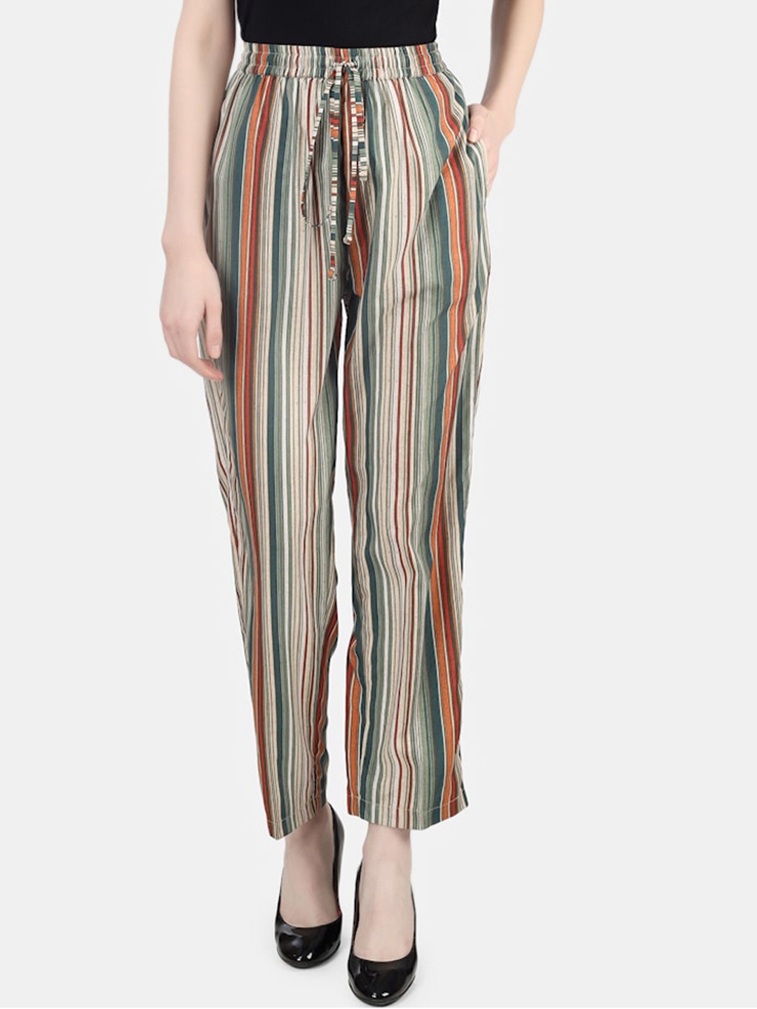 

Sukshat Women Striped Trousers, Beige