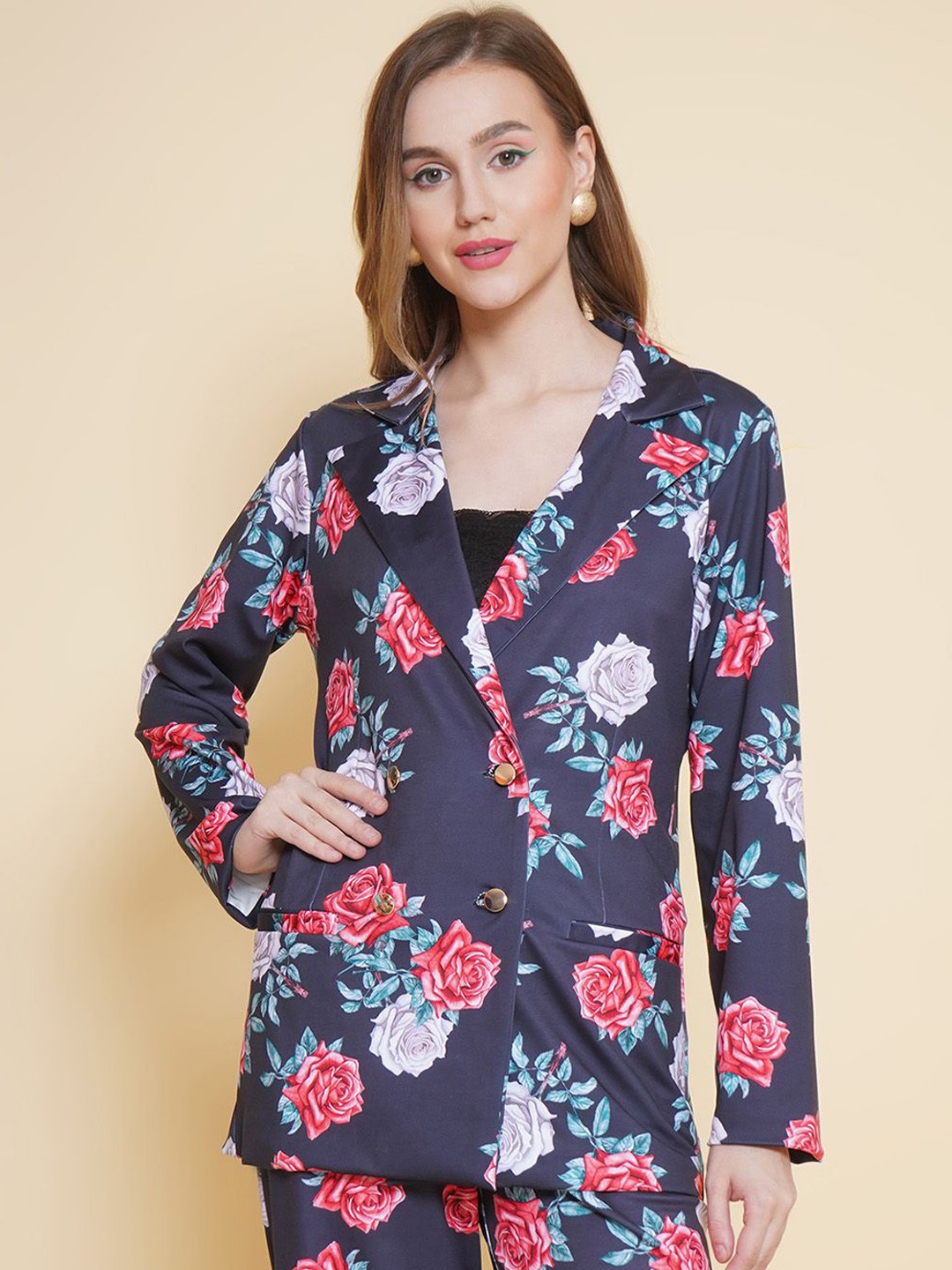 

BAESD Floral Printed Notched Lapel Long Sleeves Double-Breasted Scuba Blazer, Black