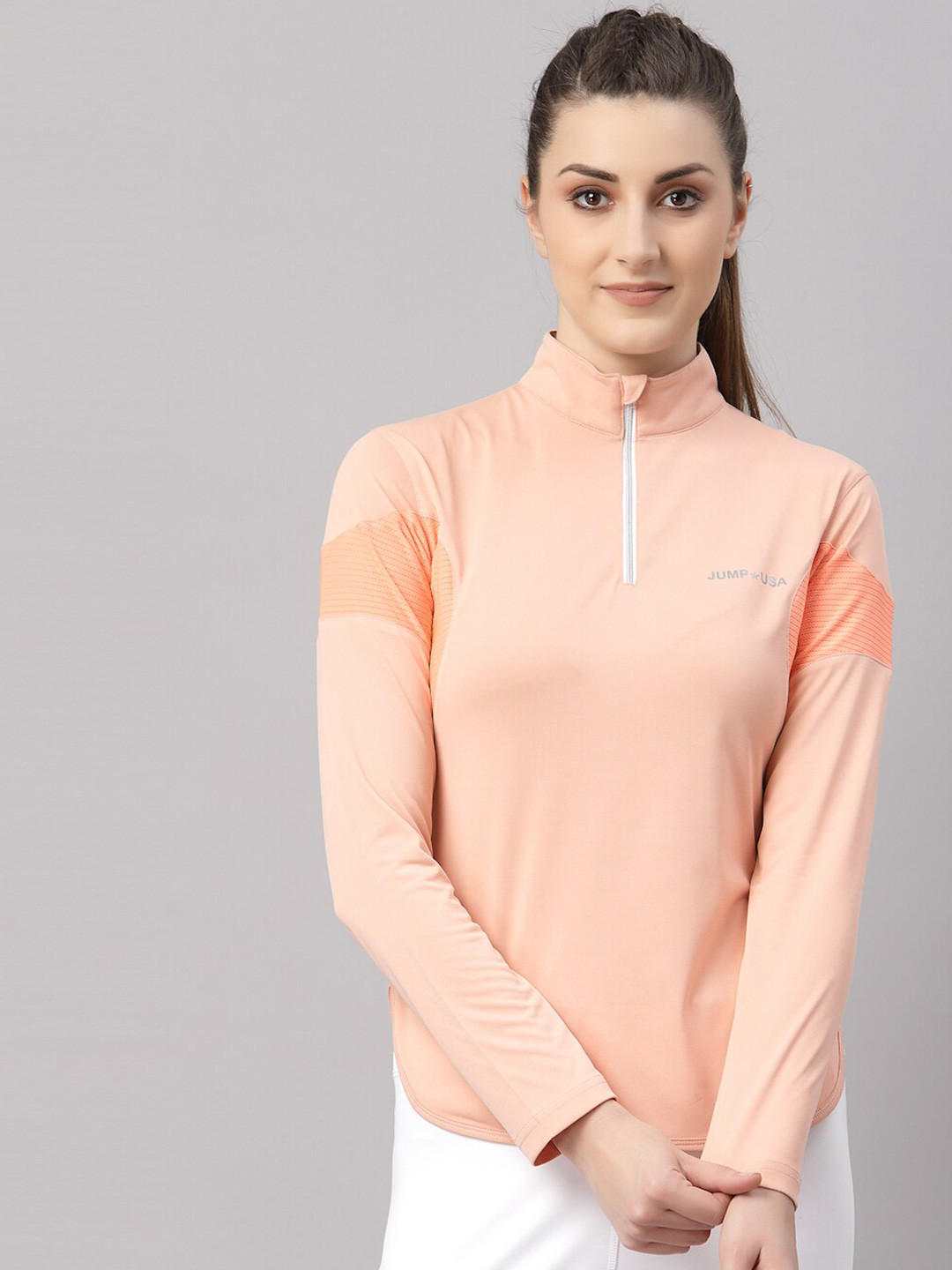 

JUMP USA Women High Neck Pockets T-shirt, Peach