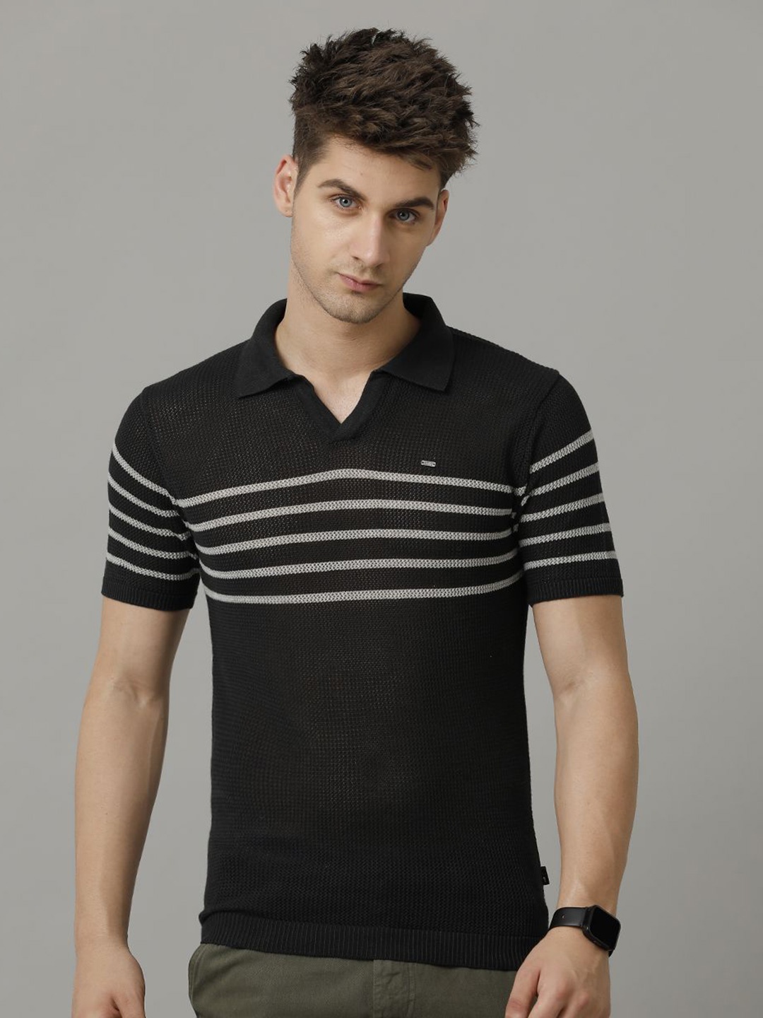 

IDENTITI Striped Polo Collar Short Sleeves Cotton Slim Fit T-shirt, Charcoal