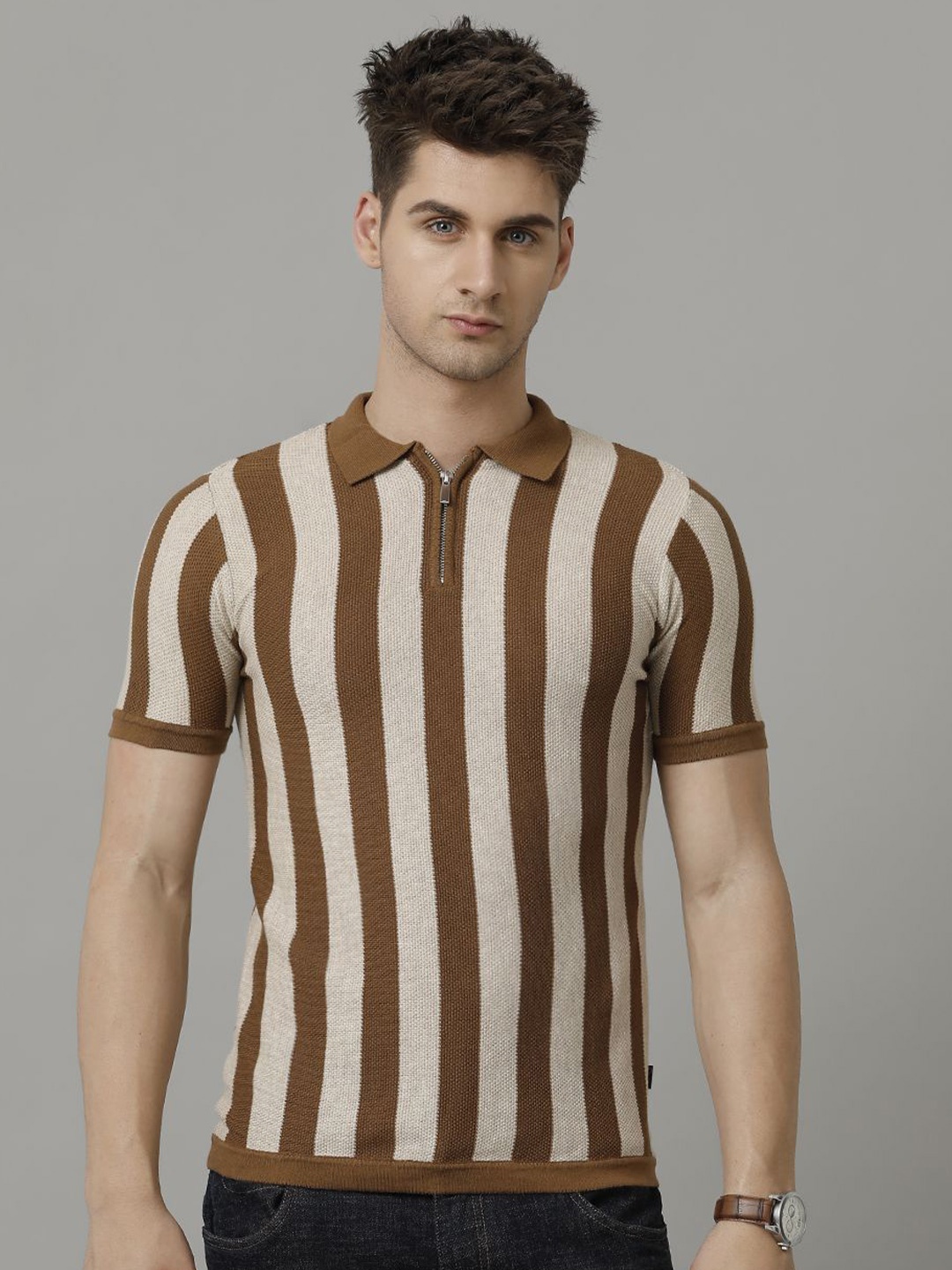 

IDENTITI Striped Polo Collar Short Sleeves Cotton Slim Fit T-shirt, Brown