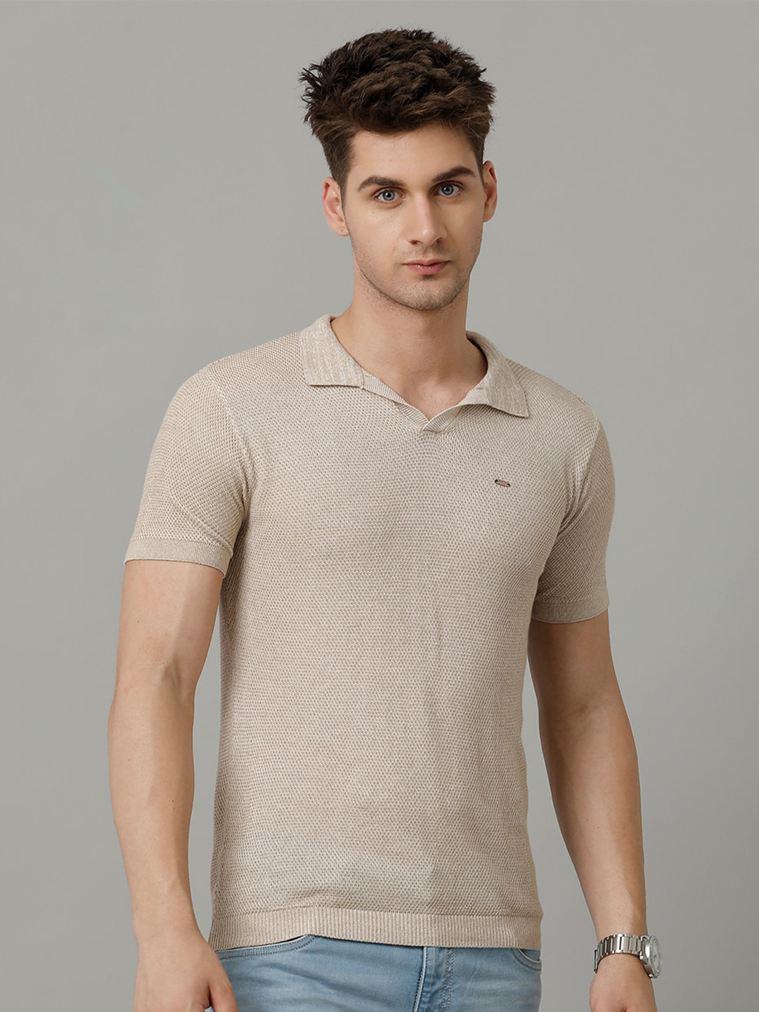

IDENTITI Polo Collar Short Sleeves Cotton Slim Fit T-shirt, Beige