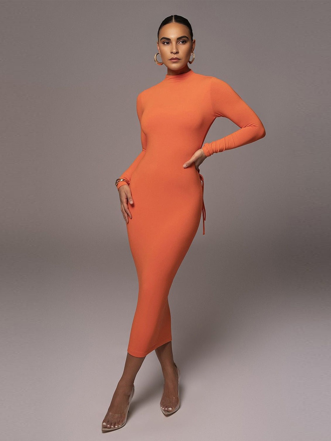 

Bee Boe Mock Neck Long Sleeves Bodycon Midi Dress, Orange