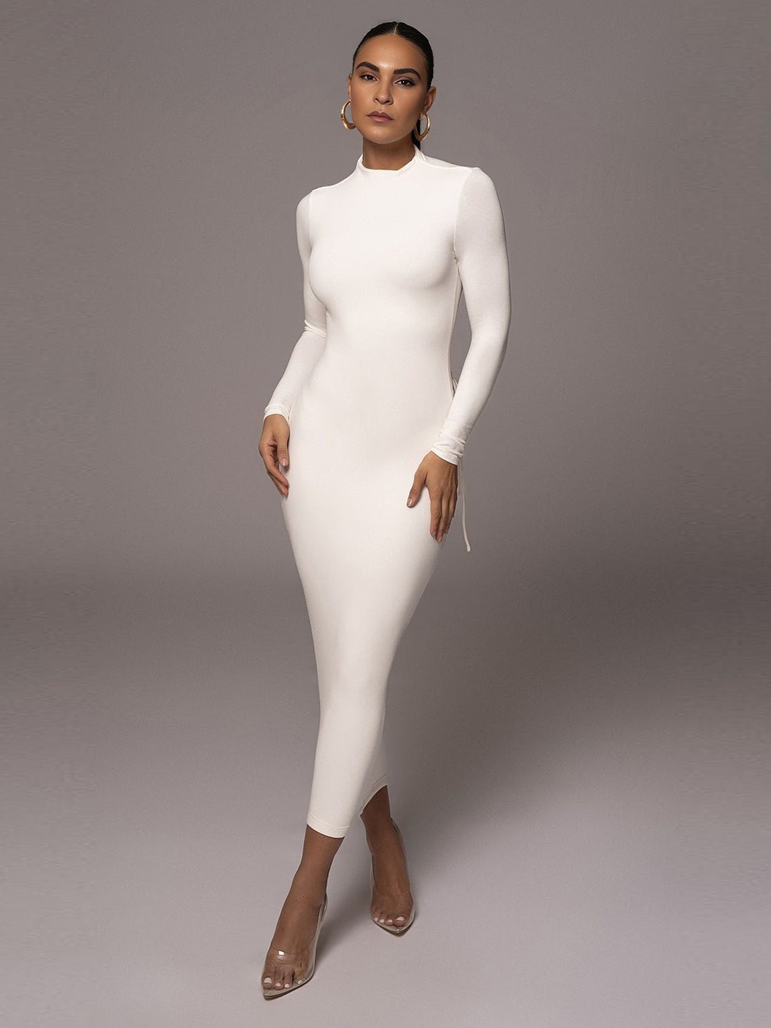 

Bee Boe Mock Neck Long Sleeves Bodycon Midi Dress, White