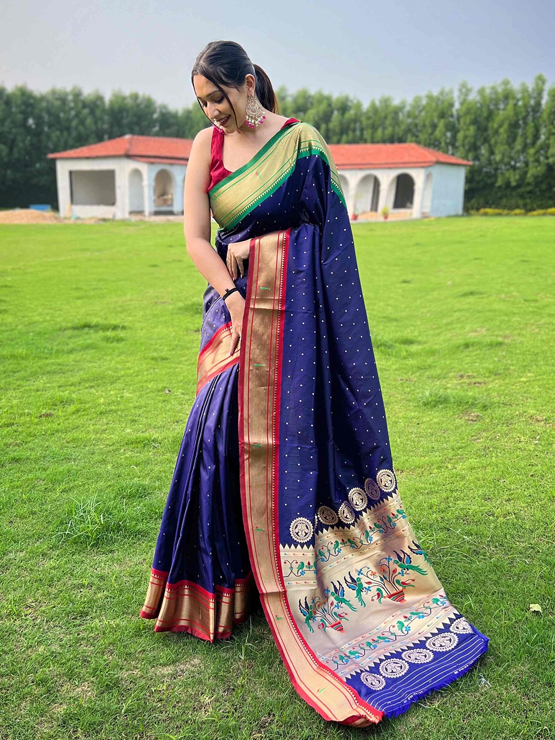 

DEVATITHI Woven Design Zari Patola Saree, Navy blue