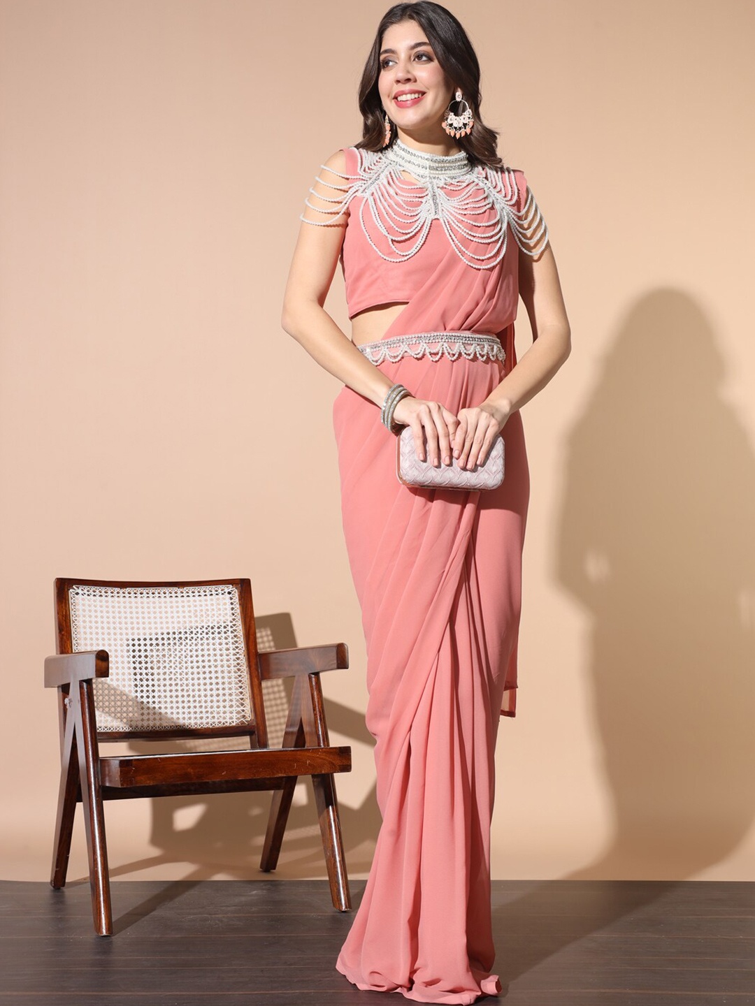 

Chhabra 555 Women Beads and Stones Saree With Blouse, Peach