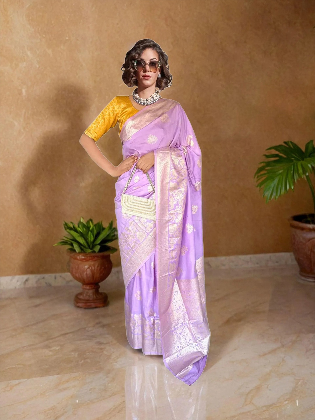 

NK Textiles Woven Design Zari Banarasi Saree, Lavender