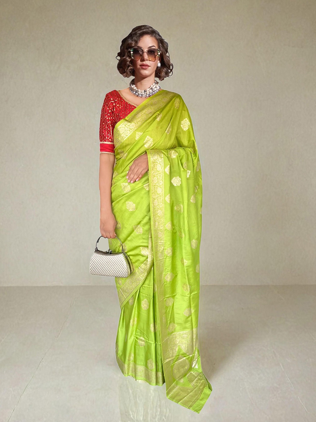 

NK Textiles Ethnic Motifs Woven Design Banarasi Saree, Green