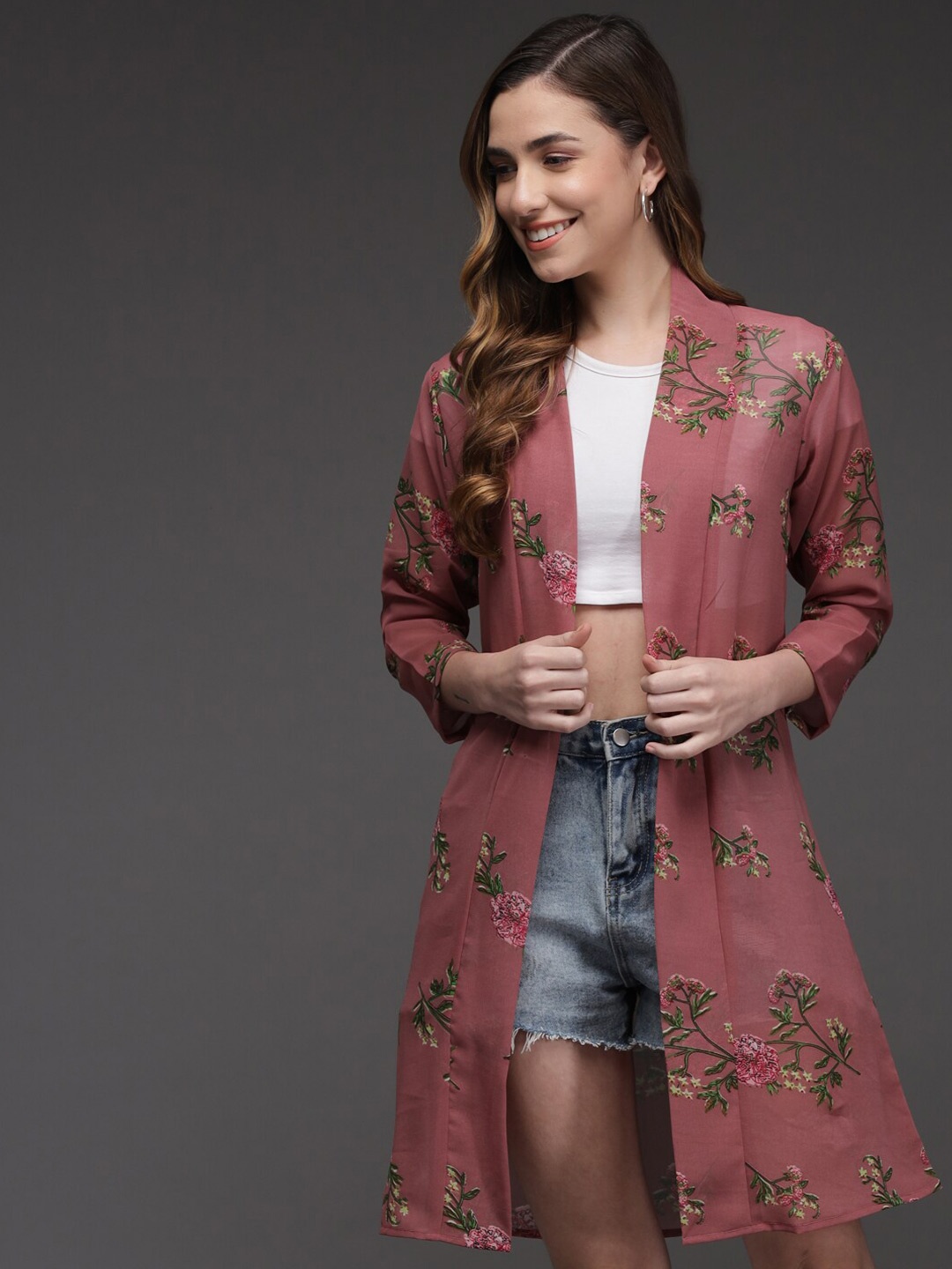 

TANDUL Printed Longline Shrug, Maroon