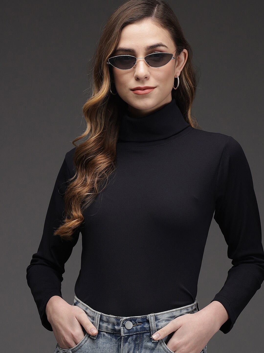 

TANDUL Turtle Neck Long Sleeves Ribbed Cotton Pullover, Black