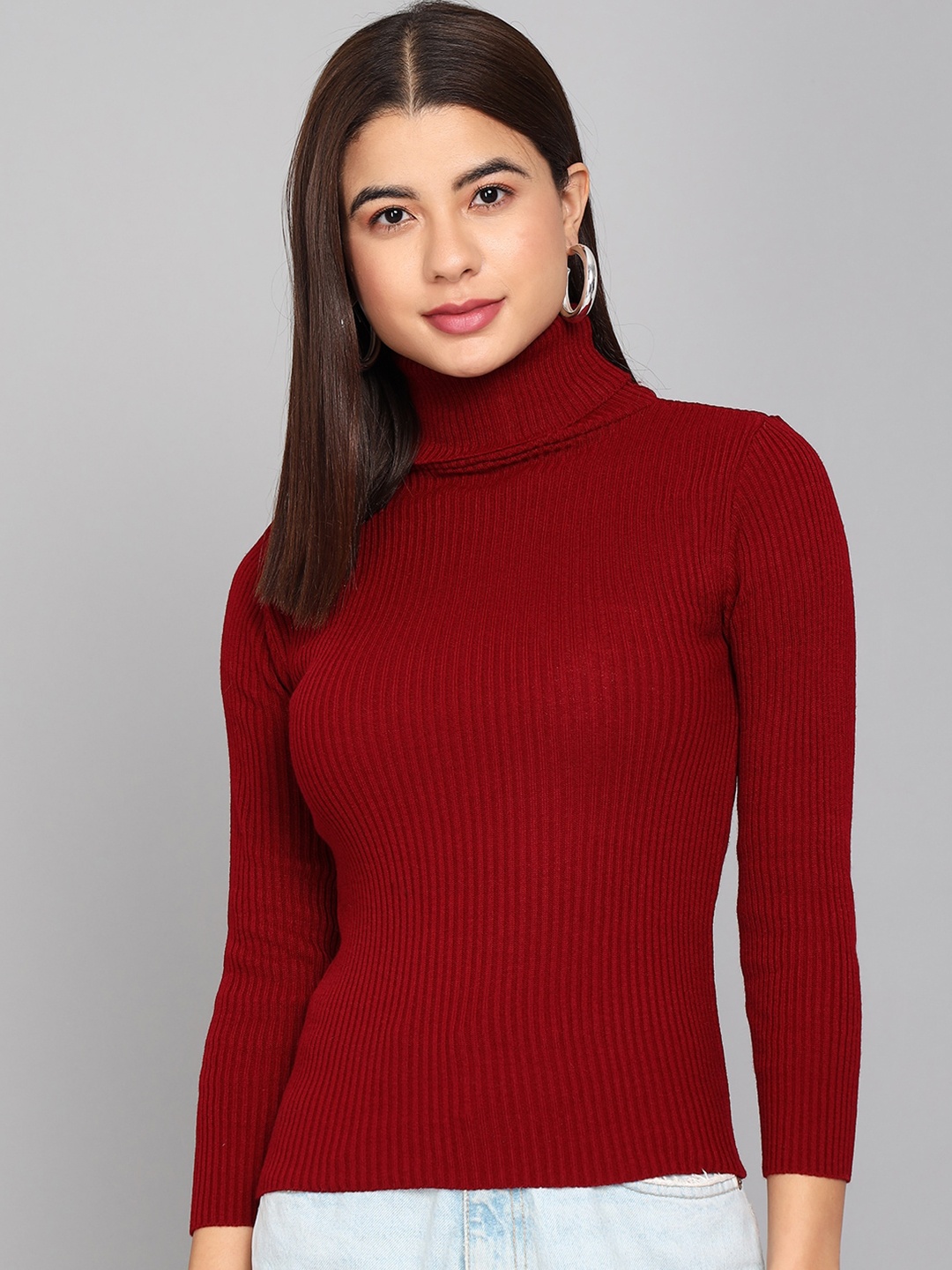 

TANDUL Ribbed Self Design Turtle Neck Woollen Pullover Sweater, Maroon