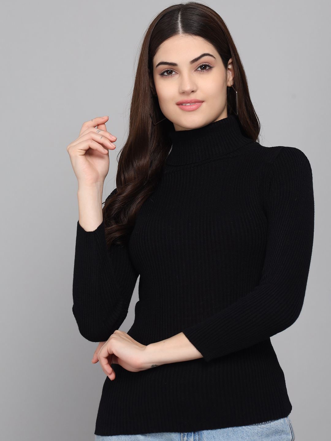 

TANDUL Turtle Neck Long Sleeves Ribbed Woollen Pullover, Black
