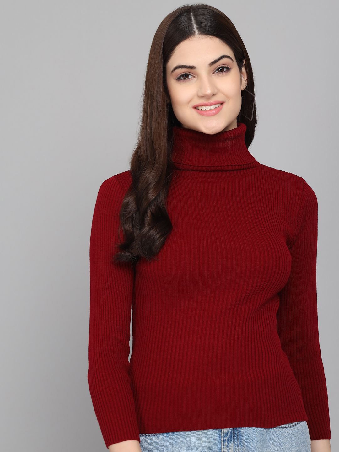 

TANDUL Turtle Neck Long Sleeves Ribbed Woollen Pullover, Maroon