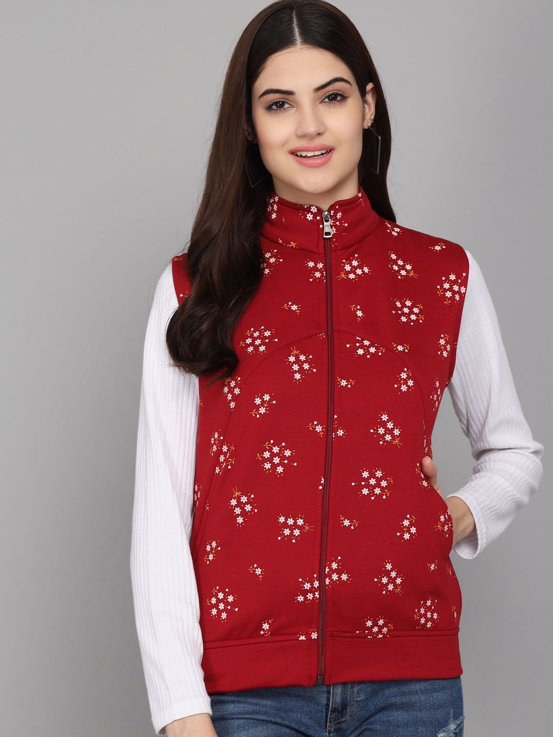 

TANDUL Women Floral Printed Faux Leather Trim Cotton Tailored Jacket, Maroon