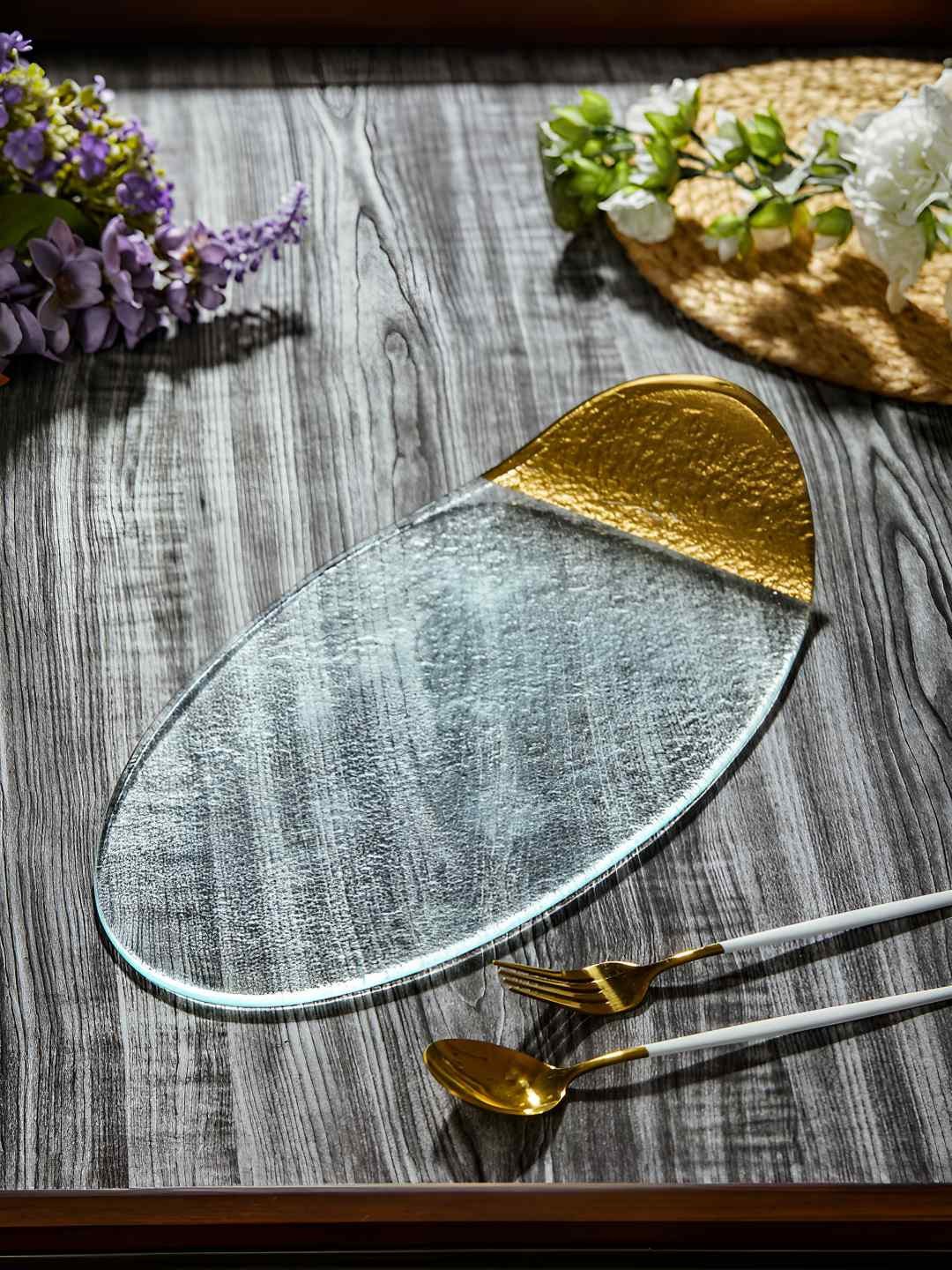 

Troveas Luster Medium Clear Glass Serving Platter, Gold