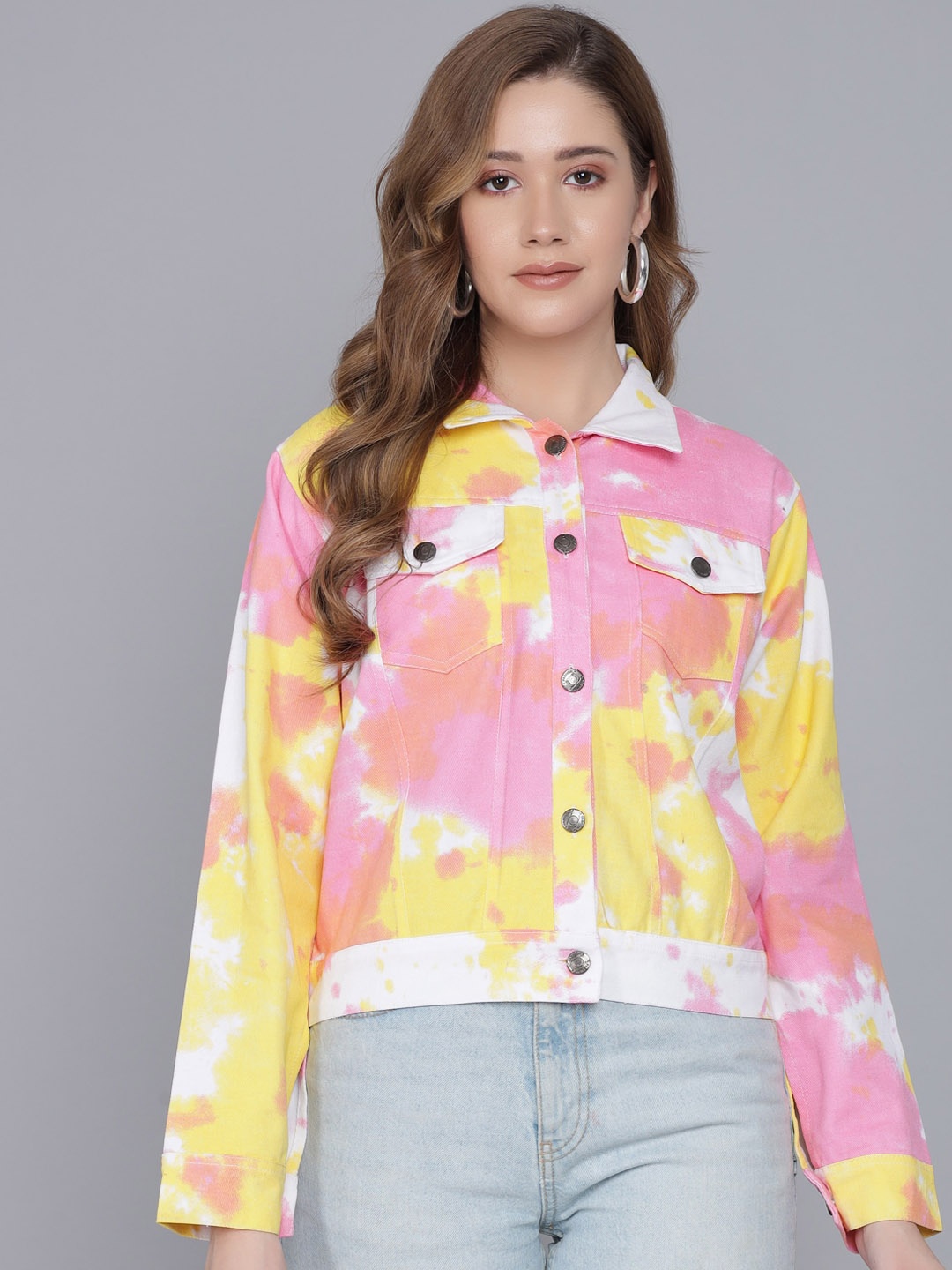 

TANDUL Abstract Printed Cotton Crop Denim Jacket, Pink