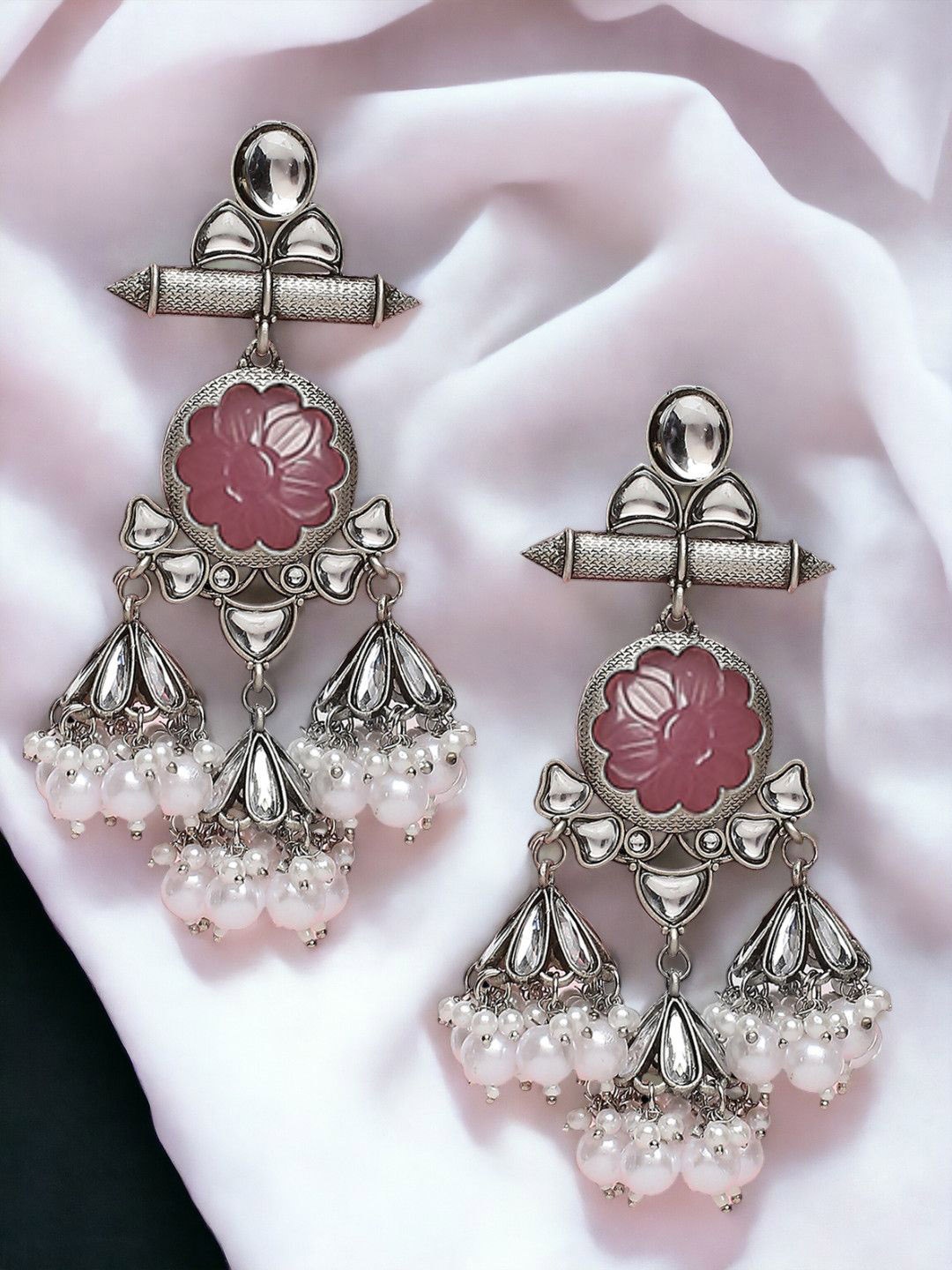 

Sangria Silver-Toned Kundan Studded Contemporary Oxidised Drop Earrings