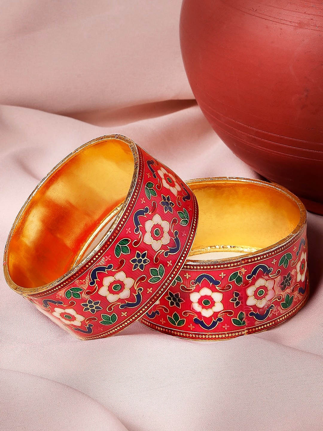 

Sangria Gold-Toned Set of 2 Floral Design Meenakari Kada Bangles