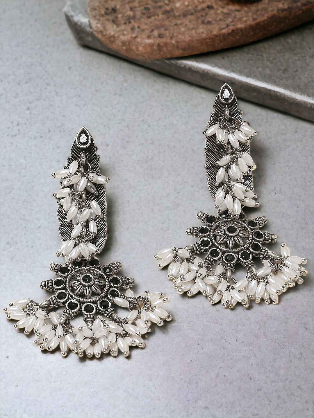 

Sangria Silver-Toned Pearls Beaded Floral Oxidised Drop Earrings